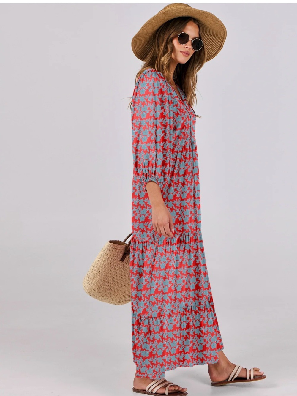 Luniro Women Boho Maxi Floral Flowy Loose Fit 3/4 Sleeve Dress Large